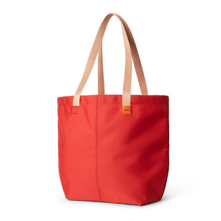 Bellroy Market Tote in bright red recycled nylon with beige handles and minimalist design details