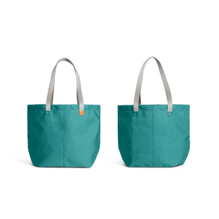 Bellroy Market Tote in teal recycled nylon with beige handles shown from front and back angles
