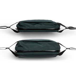 Bellroy Venture Sling 6L in dark green recycled nylon shown from top and bottom with zipper detail
