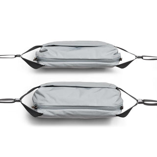 Bellroy Venture Sling 6L in light gray with slim profile and adjustable black straps shown from side angles