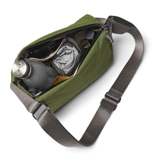 Bellroy Venture Sling 6L in olive green with adjustable strap and organized interior compartments
