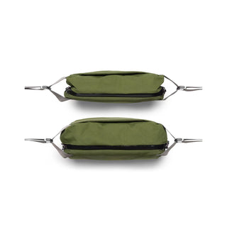 Bellroy Venture Sling 6L in olive green fabric with dual zippered compartments and adjustable strap ends