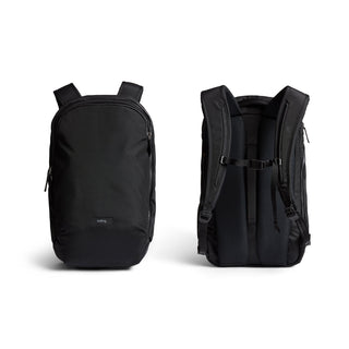 Bellroy Transit Workpack Pro 22L black recycled fabric backpack front and back views with padded straps