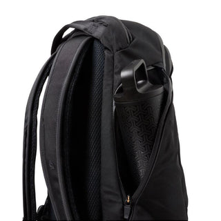 Bellroy Transit Workpack Pro 22L black backpack side view with water bottle in zippered pocket
