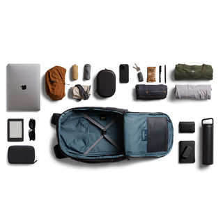Bellroy Transit Workpack Pro 22L backpack open showing organized travel essentials and tech accessories inside