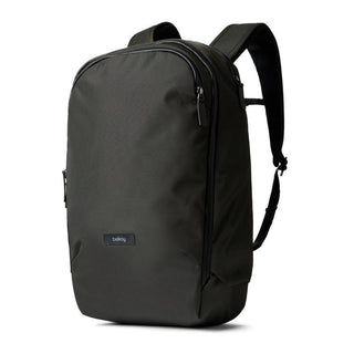 Bellroy Transit Workpack Pro 22L backpack in black recycled fabric with sleek zippered compartments side view