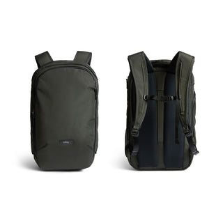 Bellroy Transit Workpack Pro 22L in dark green showing front and padded back with adjustable straps and clip