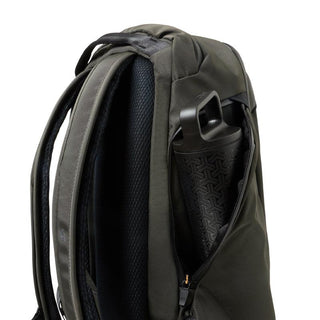 Bellroy Transit Workpack Pro 22L in dark olive with water bottle pocket and padded straps visible