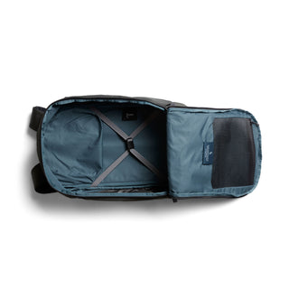 Bellroy Transit Workpack Pro 22L open top view showing spacious interior with cross straps and mesh pocket