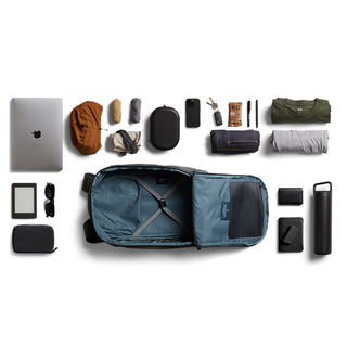 Bellroy Transit Workpack Pro 22L open showing spacious interior and organized everyday essentials laid flat
