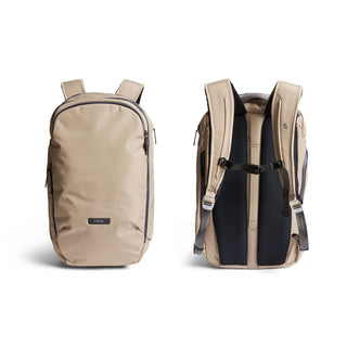 Bellroy Transit Workpack Pro 22L backpack in beige with padded straps and recycled fabric construction