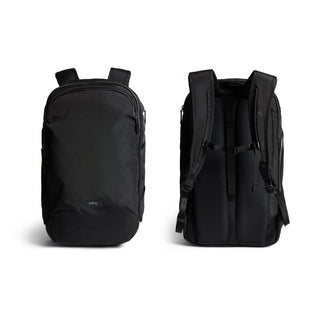 Bellroy Transit Workpack Pro 28L black recycled fabric backpack front and back with padded straps visible