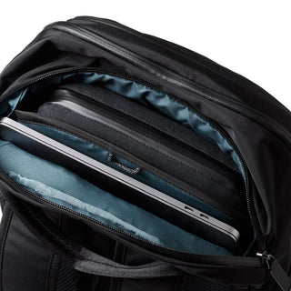 Bellroy Transit Workpack Pro 28L showing organized interior with padded laptop compartment and blue lining