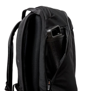 Bellroy Transit Workpack Pro 28L showing black recycled fabric and external side zipper pocket with water bottle slot