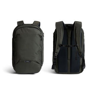 Bellroy Transit Workpack Pro 28L backpack in dark olive with padded straps shown from front and back views