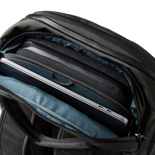 Bellroy Transit Workpack Pro 28L showing padded laptop compartment and durable recycled fabric in black color