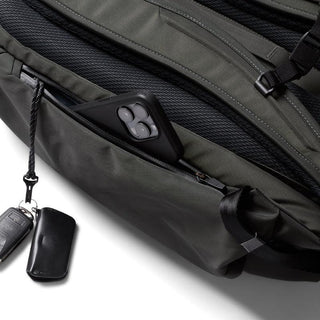 Bellroy Transit Workpack Pro 28L front zip pocket with phone and keys carrying essentials in dark fabric