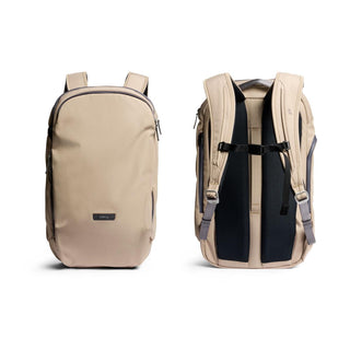 Bellroy Transit Workpack Pro 28L beige backpack front and back views showing ergonomic straps and sleek design
