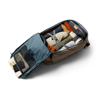 Bellroy Transit Workpack Pro 28L open flat with organized clothes and travel essentials inside