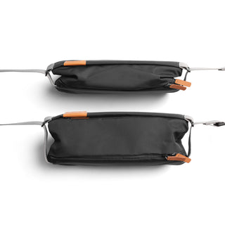 Bellroy Sling - 7L in black water-resistant fabric with eco-tanned leather accents shown from top and side angles