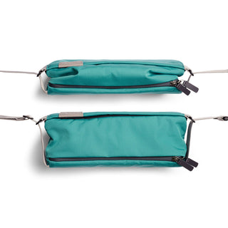 Bellroy Sling - 7L in teal woven fabric with leather accents shown from top and side angles