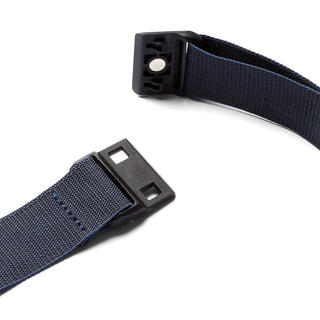 Bellroy Sling Mini Premium - 7L detachable navy blue woven strap with black plastic buckle close-up view