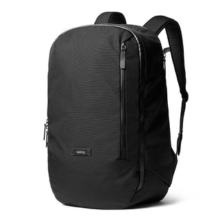 Bellroy Transit Backpack in black durable woven fabric with sleek vertical zipper pocket detail