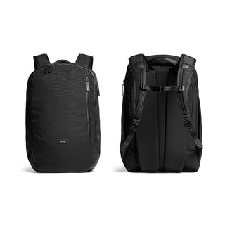 Bellroy Transit Backpack in black showing front and padded back with adjustable straps and durable fabric