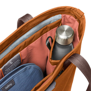 Bellroy Tokyo Tote Compact with organized interior pockets and water bottle holder in brown fabric