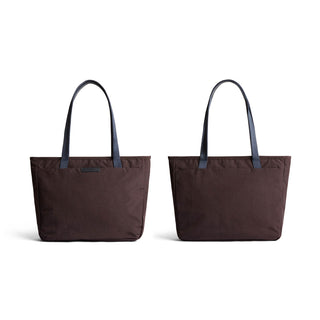 Bellroy Tokyo Tote Compact in dark brown woven fabric with black straps shown front and back views