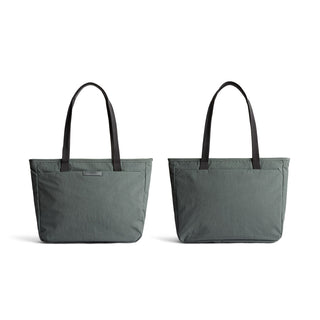 Bellroy Tokyo Tote Compact in muted green recycled fabric showing front and back views with black handles