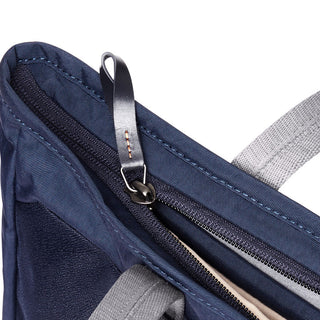 Bellroy Tokyo Tote Compact navy woven fabric close-up showing zipper and strap detail