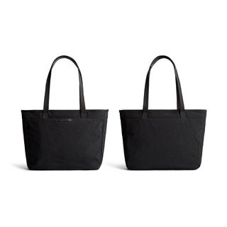 Bellroy Tokyo Tote Compact in black woven fabric with long handles shown from front and back angles