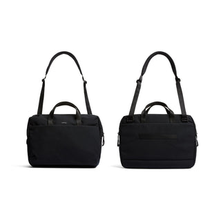 Bellroy Via Work Bag (Tech Briefcase) in black nylon showing front and back with adjustable strap