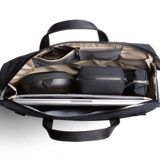 Bellroy Via Work Bag (Tech Briefcase) open top view showing organized compartments with tech accessories