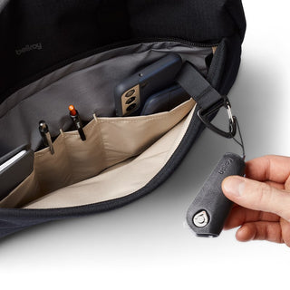 Bellroy Via Work Bag (Tech Briefcase) open showing internal organizer pockets with pens and phone cases