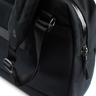 Close-up of black Bellroy Via Work Bag (Tech Briefcase) showing durable fabric and metal zipper details