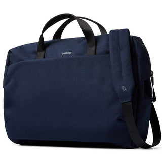 Bellroy Via Work Bag (Tech Briefcase) in navy fabric with black handles and adjustable shoulder strap
