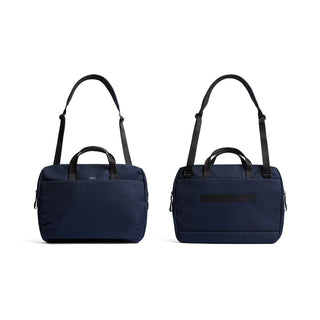 Bellroy Via Work Bag (Tech Briefcase) navy blue with dual handles and adjustable shoulder strap shown front and back