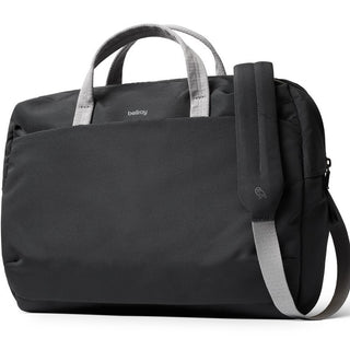 Bellroy Via Work Bag (Tech Briefcase) in black with light grey handles and padded shoulder strap