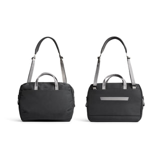 Bellroy Via Work Bag (Tech Briefcase) in black fabric with dual handles and adjustable shoulder strap front and back view