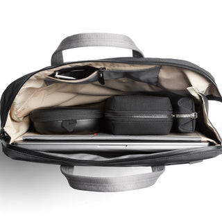 Bellroy Via Work Bag (Tech Briefcase) open showing organized compartments with tech accessories inside
