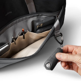 Bellroy Via Work Bag (Tech Briefcase) inner organizer pockets with pens and tech accessory on gray lining