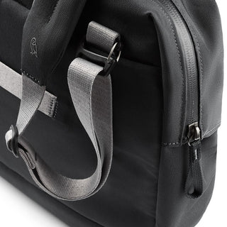 Bellroy Via Work Bag (Tech Briefcase) black fabric with gray shoulder strap and silver zipper detail close up
