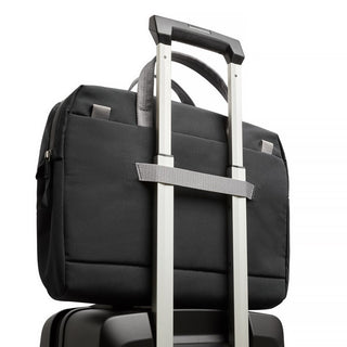 Bellroy Via Work Bag (Tech Briefcase) in black attached to suitcase handle with durable fabric