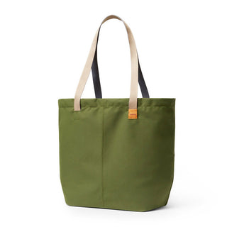 Bellroy Market Tote in olive green recycled nylon with beige and black straps shown from the front