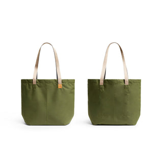 Bellroy Market Tote in olive green recycled nylon with beige handles shown from front and back angles
