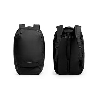 Bellroy Transit Backpack Plus in black, front and back views showing sleek, water-resistant fabric and straps