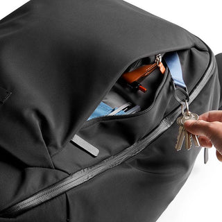 Bellroy Transit Backpack Plus black fabric with zippered pocket and keyring attachment detail