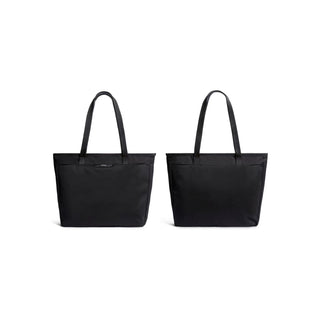 Bellroy Tokyo Tote Second Edition in black nylon shown from front and back with simple strap handles